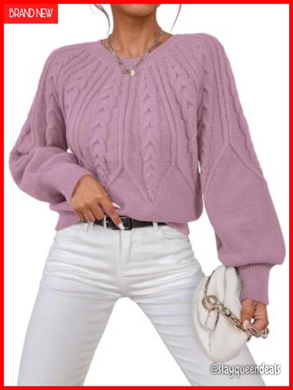 Womens Cable Knit Chunky Pullover Sweater Long Sleeve Crewneck